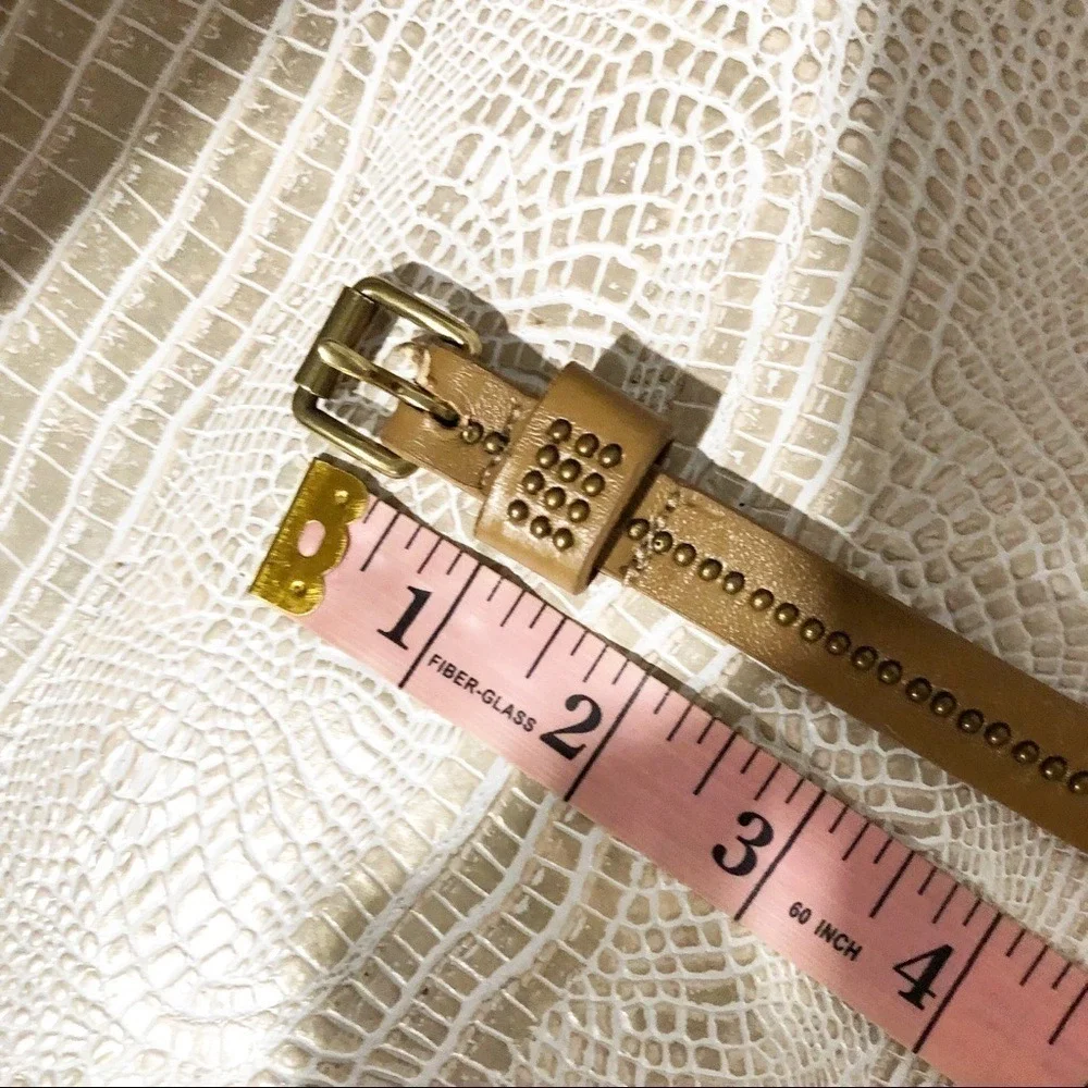J.Crew Factory Tan Leather Skinny Belt Brass Micro Studded Brown‎ Small 31.5in